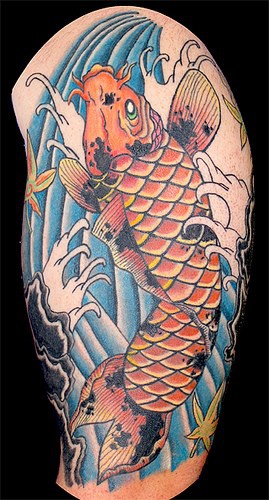 手臂彩绘日式锦鲤纹身图案
