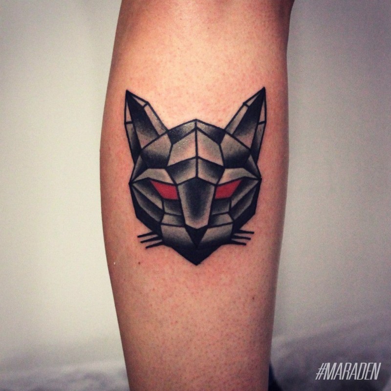 小腿几何恶魔猫纹身图案