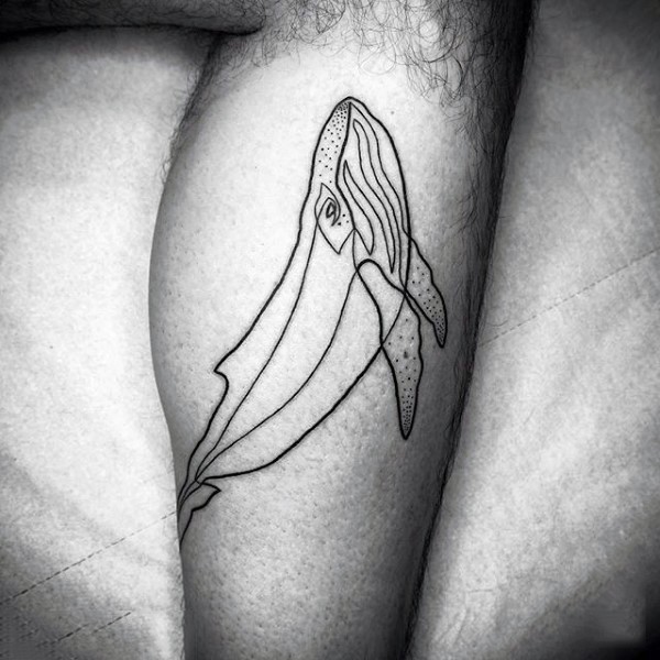 小腿黑色线条素描鲸鱼纹身图案