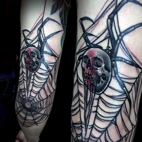 壮观的黑色神秘蜘蛛网和骷髅纹身图案