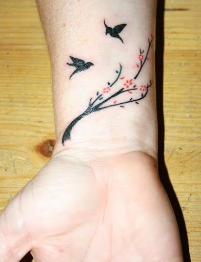 手腕樱花和黑色小鸟纹身图案