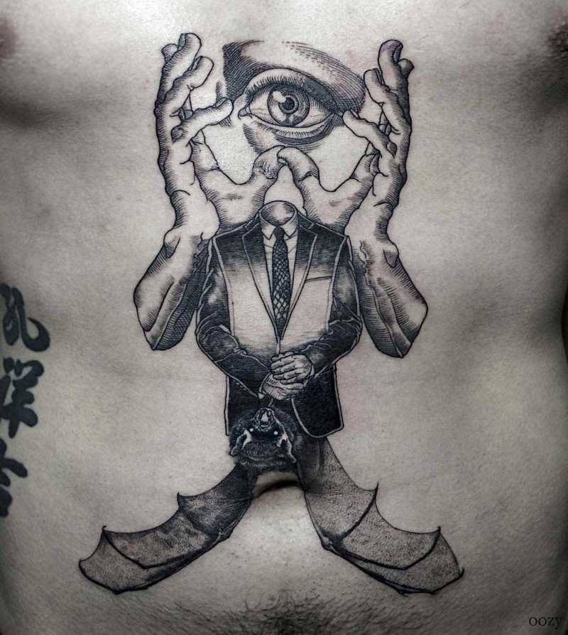 腹部奇怪的超现实主义风格黑色手眼睛人体纹身图案