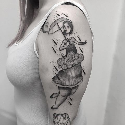 大臂雕刻风格黑色女孩与伞纹身图案