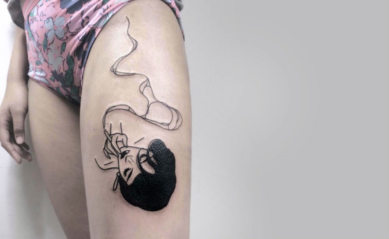 大腿黑色吸烟妇女的脸简约纹身图案