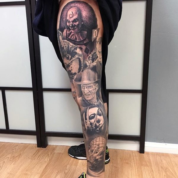 腿部黑白写实的各种恐怖电影角色纹身图案
