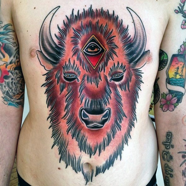 腹部彩色神秘的眼睛和恶魔公牛纹身图案