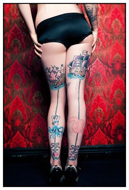 性感女生腿部彩色各种幻想动物纹身图案