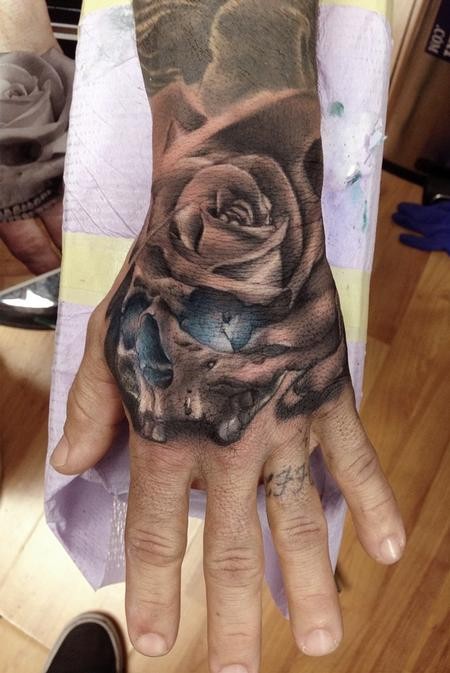 黑玫瑰和蓝眼睛骷髅手背纹身图案