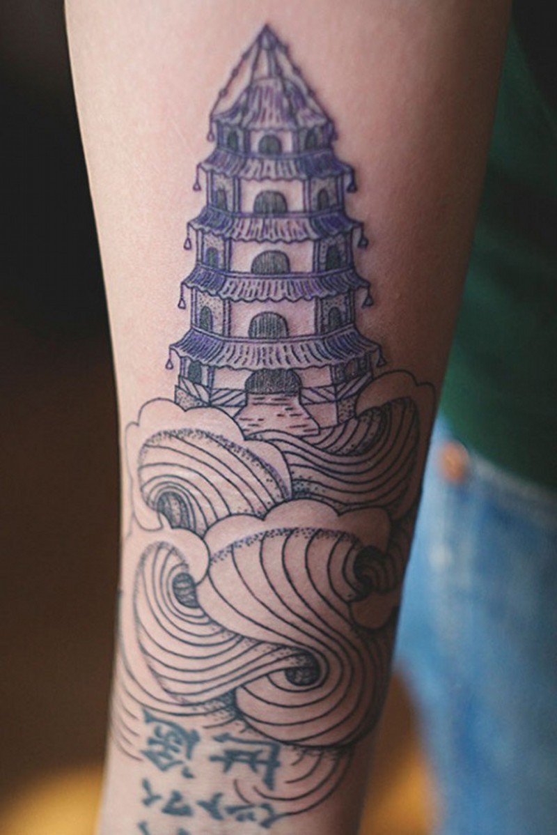 小臂蓝色线条寺庙纹身图案