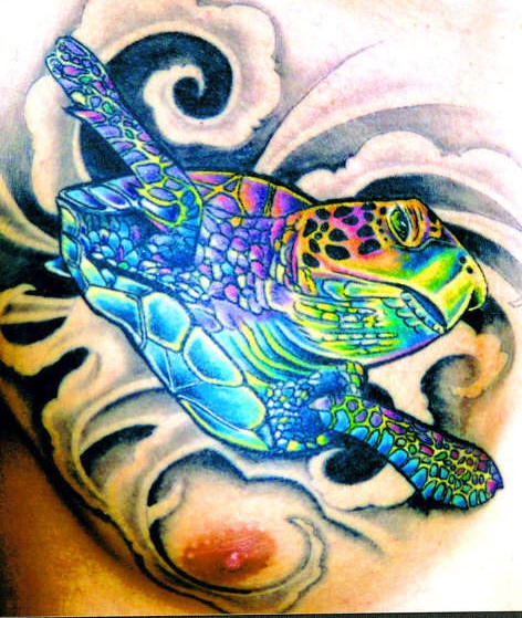 胸部颜色漂亮的乌龟纹身图案