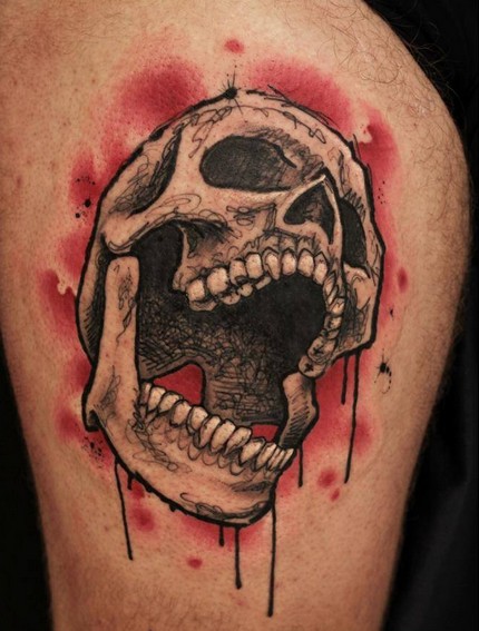 阴森森的骷髅与红色背景纹身图案