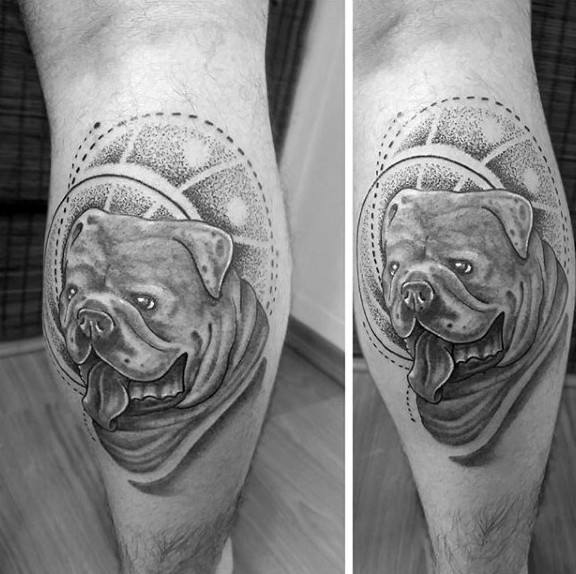 腿部有趣的黑白点刺狗头像纹身图案