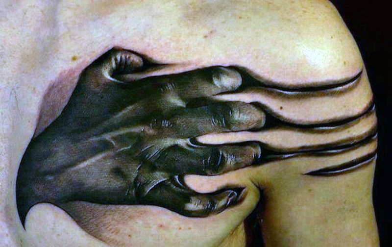 胸部恐怖电影可怕逼真的僵尸手纹身图案