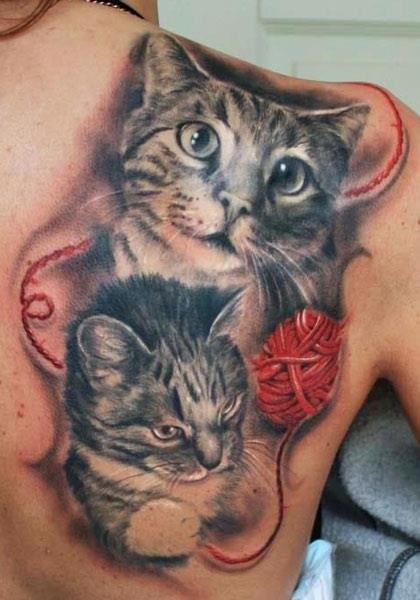 逼真的猫和红毛线纹身图案