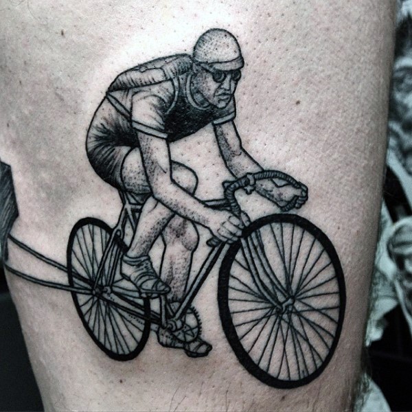 黑色点刺自行车骑手大腿纹身图案