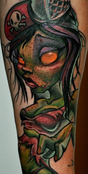 腿部卡通风格彩色僵尸女孩纹身图案