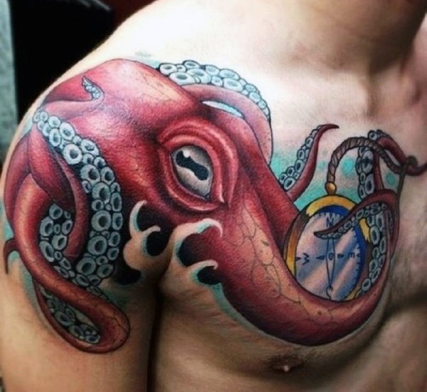 胸部红色大章鱼和指南针纹身图案