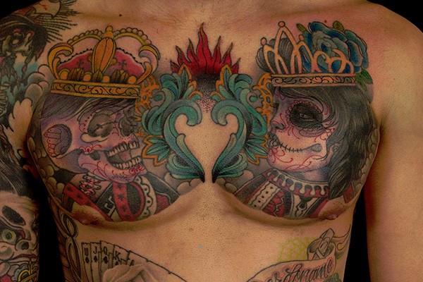 胸部墨西哥土著彩色骷髅国王和王后纹身图案