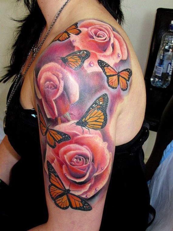 黄色蝴蝶与玫瑰大臂纹身图案