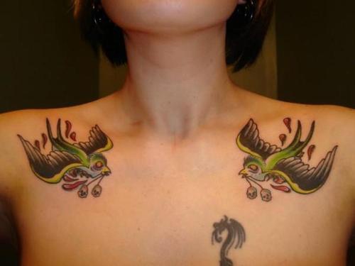 胸部燕子和骷髅纹身图案