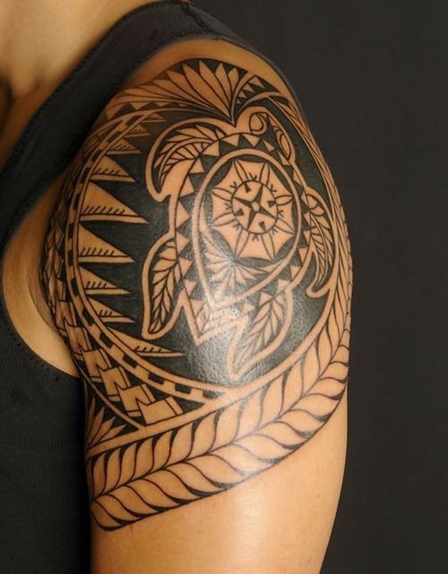黑色波利尼西亚人乌龟图腾肩部纹身图案