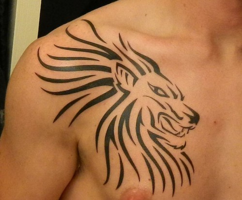 黑色线条部落狮子头纹身图案