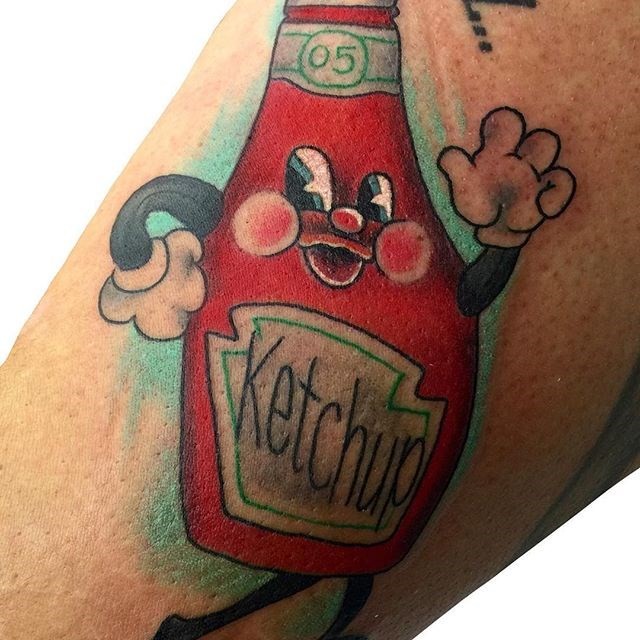 彩色卡通番茄酱瓶小腿纹身图案