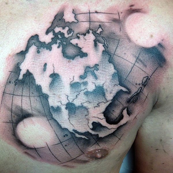 胸部黑色世界地图纹身图案