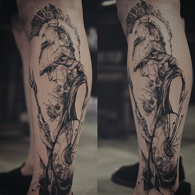 小腿黑色线条欧美个性女武士纹身图案