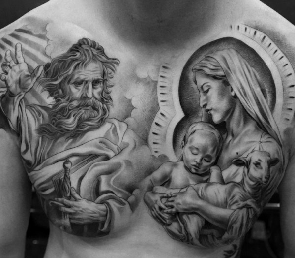 胸部写实黑白宗教耶稣玛利亚肖像纹身图案