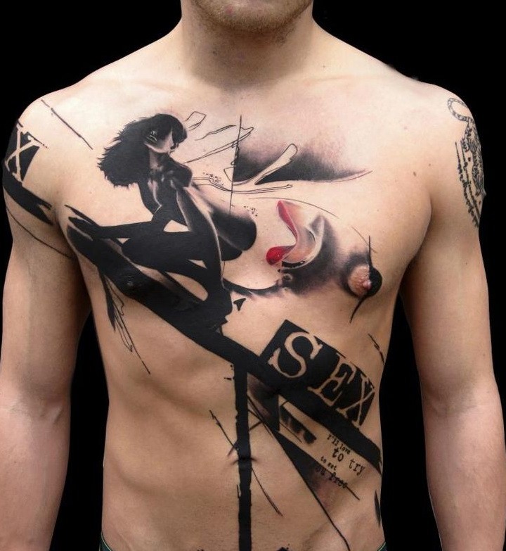 男性胸部神秘的性感女人字母纹身图案