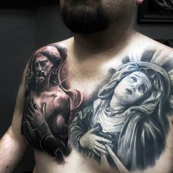 胸部彩色宗教圣人肖像纹身图案