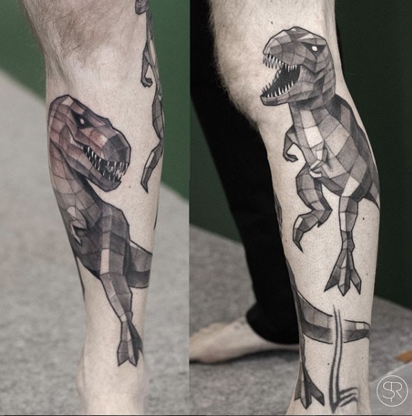 小腿几何风格黑色邪恶恐龙纹身图案