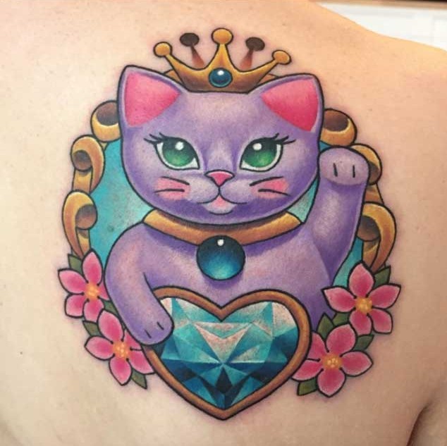 可爱的卡通彩色小猫与钻石纹身图案