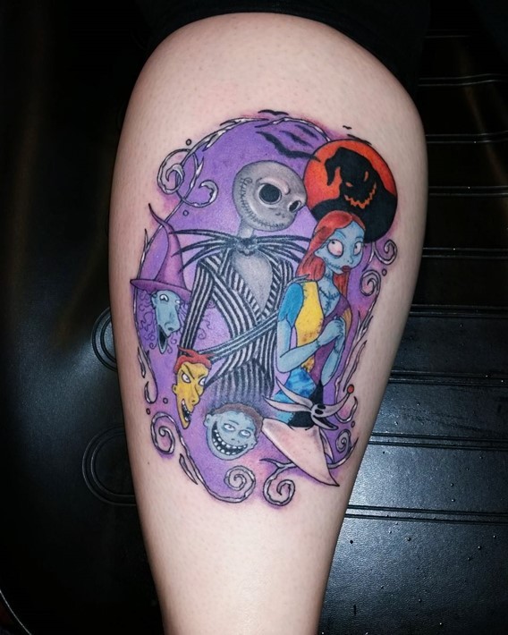 漫画风格彩色僵尸夫妇和幽灵纹身图案