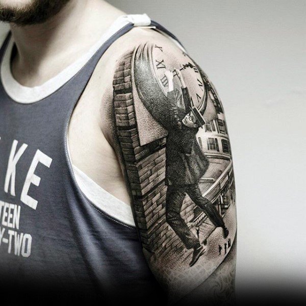 大臂写实风格黑白挂在钟楼男子纹身图案