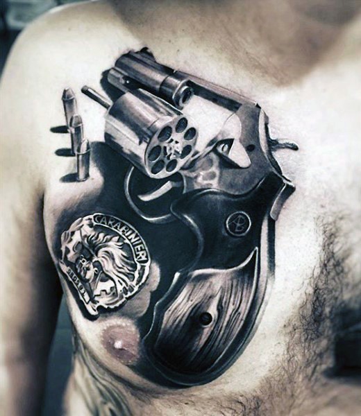 胸部惊人的3D黑白手枪与警察徽章纹身图案