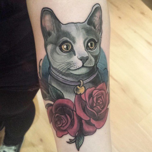 猫与红玫瑰纹身图案