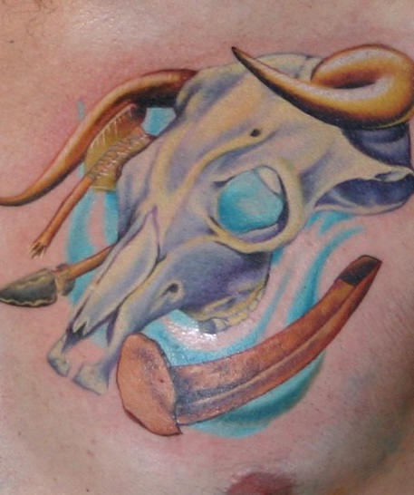 多彩狂野西部风格公牛头骨纹身图案