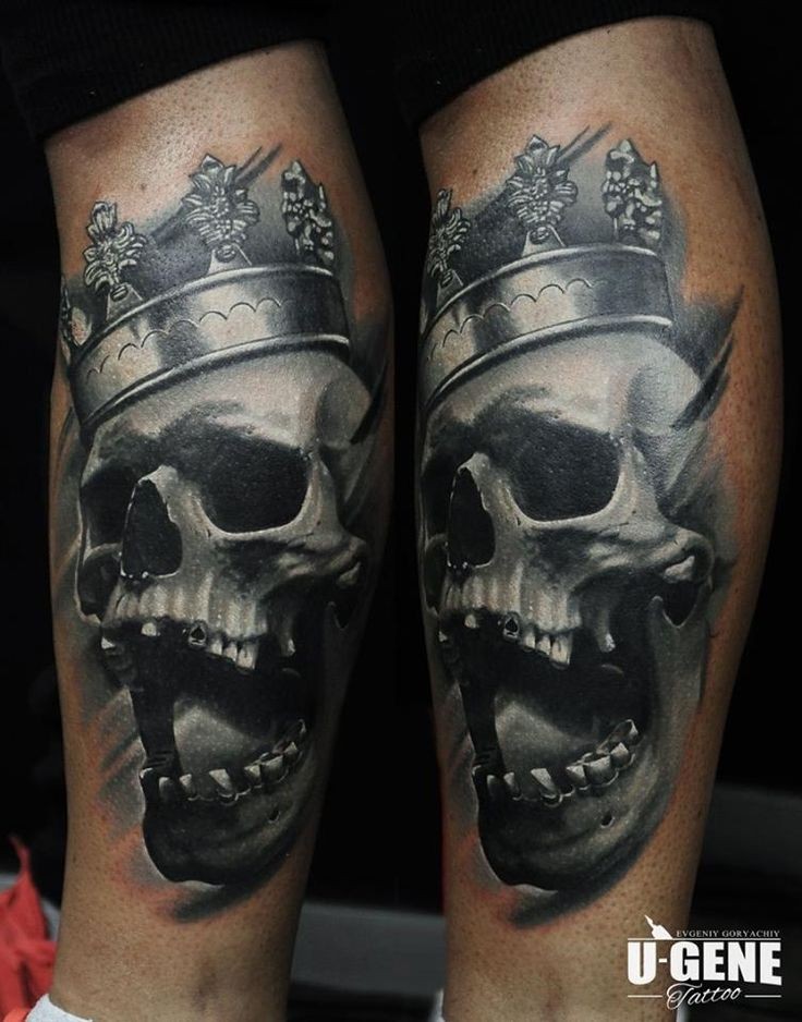 小腿灰色骷髅与皇冠纹身图案