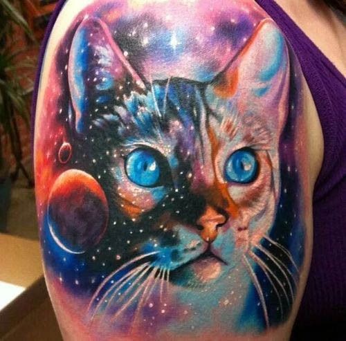 彩色猫和太空星球纹身图案