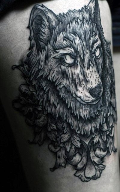 雕刻风格黑色线条狼纹身图案