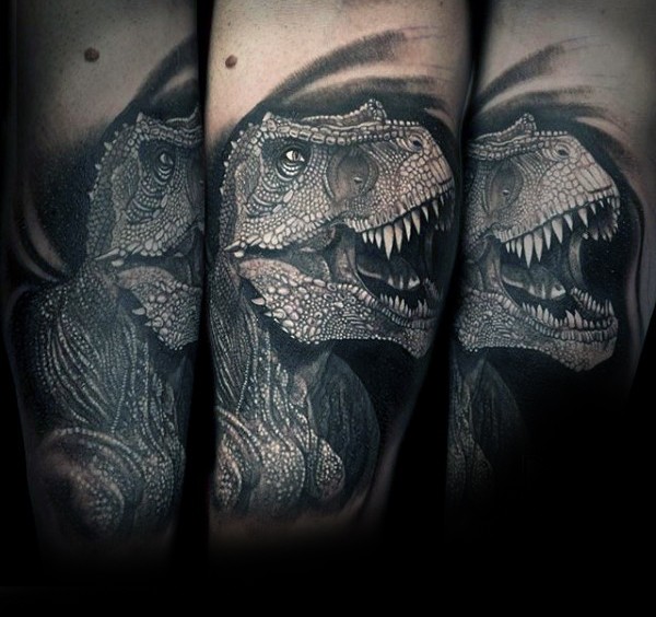 惊人的黑白逼真恐龙头部纹身图案