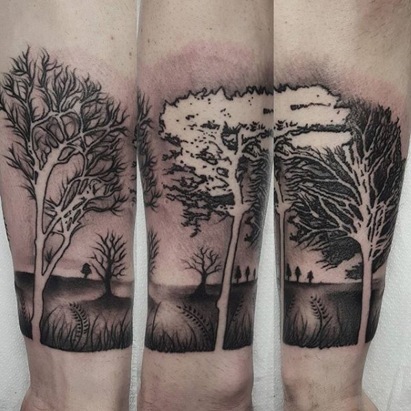 小臂个性的黑白树林纹身图案