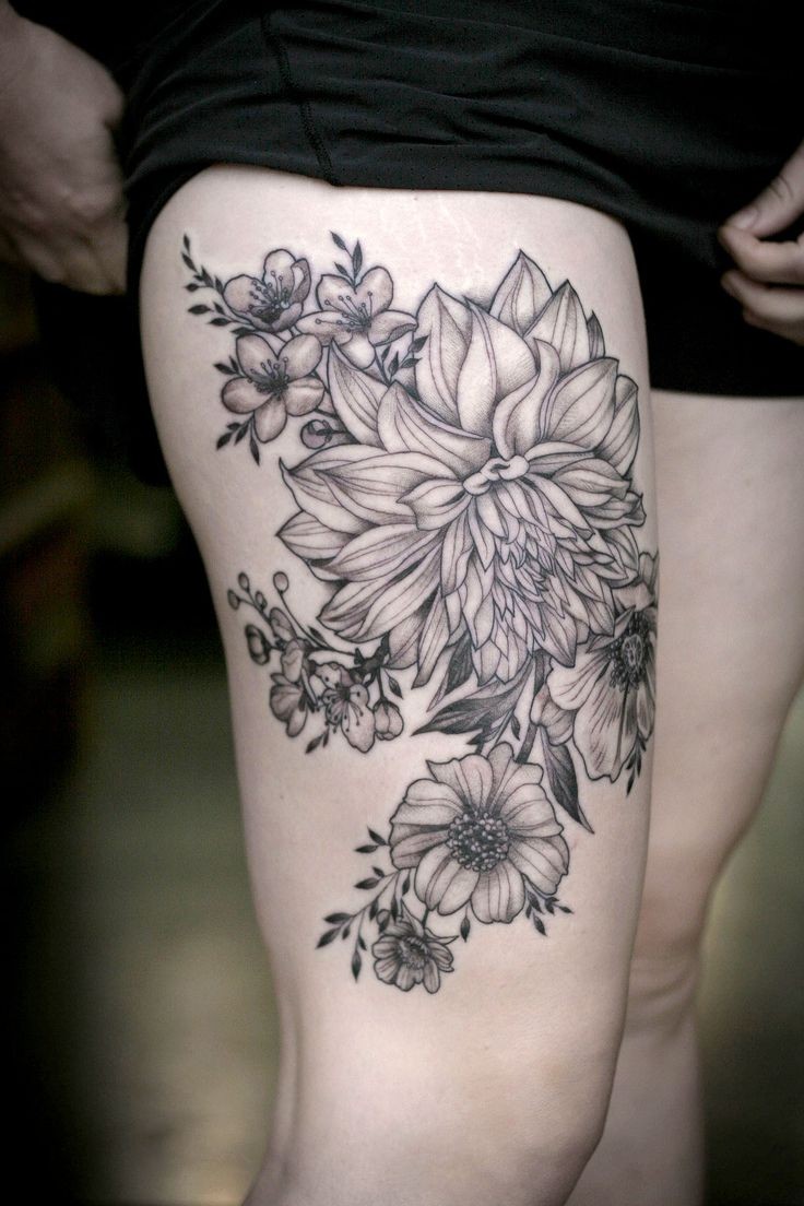 大腿黑色大丽花植物纹身图案