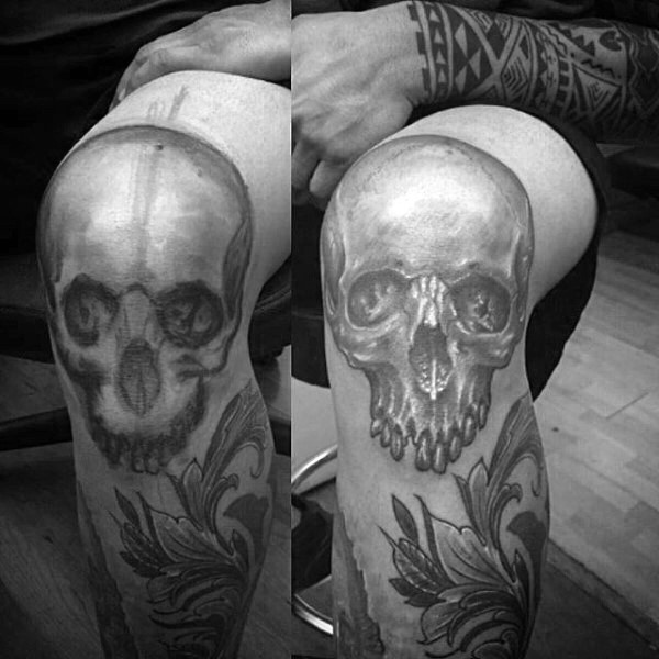 膝盖写实风格黑白骷髅纹身图案