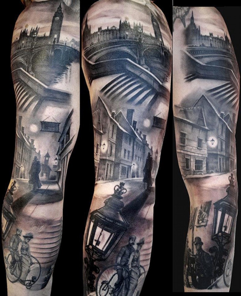 手臂奇妙的黑灰滑稽伦敦城市纹身图案