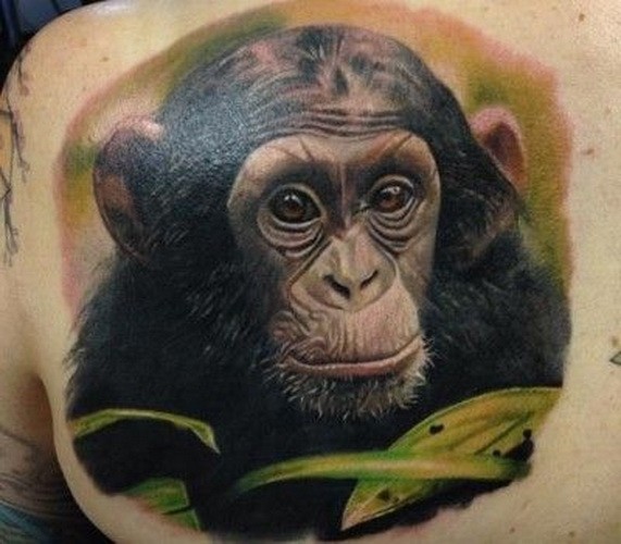 写实逼真的彩色黑猩猩植物纹身图案