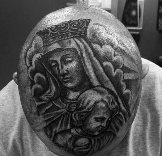头部雕刻风格黑色圣母与小孩纹身图案