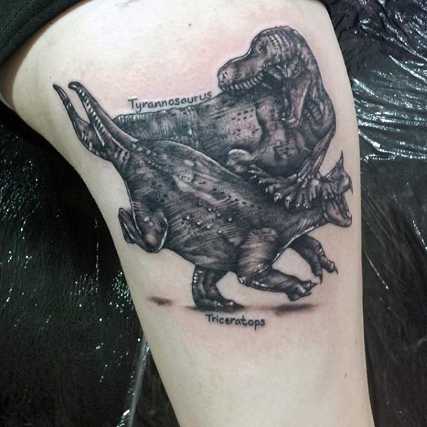 腿部old school黑色恐龙打架纹身图案